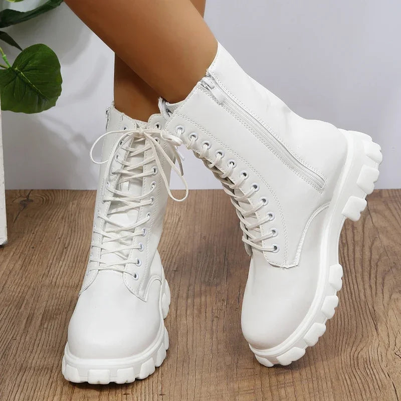 2025 Boots Women  Autumn Winter PU Leather White Ankle Boots Motorcycle Female Chunky Heels Platform Boots