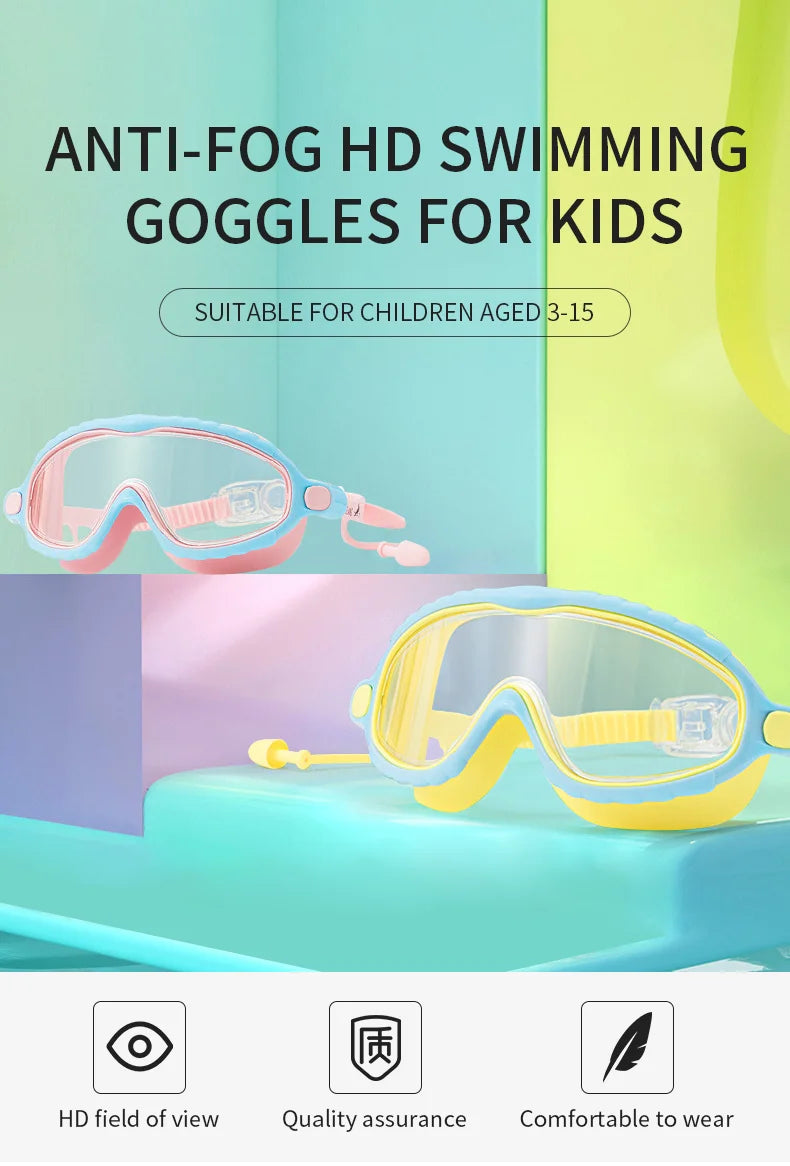 Kids Swimming Goggles for Boys & Girls (3-15 Years) - Big Frame HD View, Anti-Fog, No-Leak, Comfortable Silicone Swim Goggles