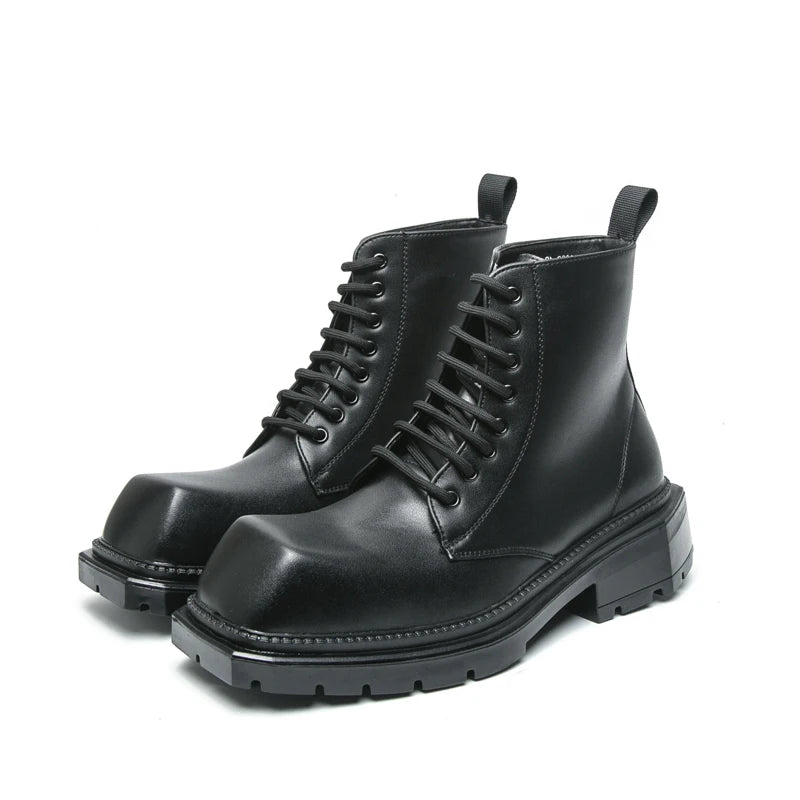 Large Men's Autumn High Top Casual British Motorcycle Shoes, Retro Trendy Brand Height Increasing Big Head Leather Boots