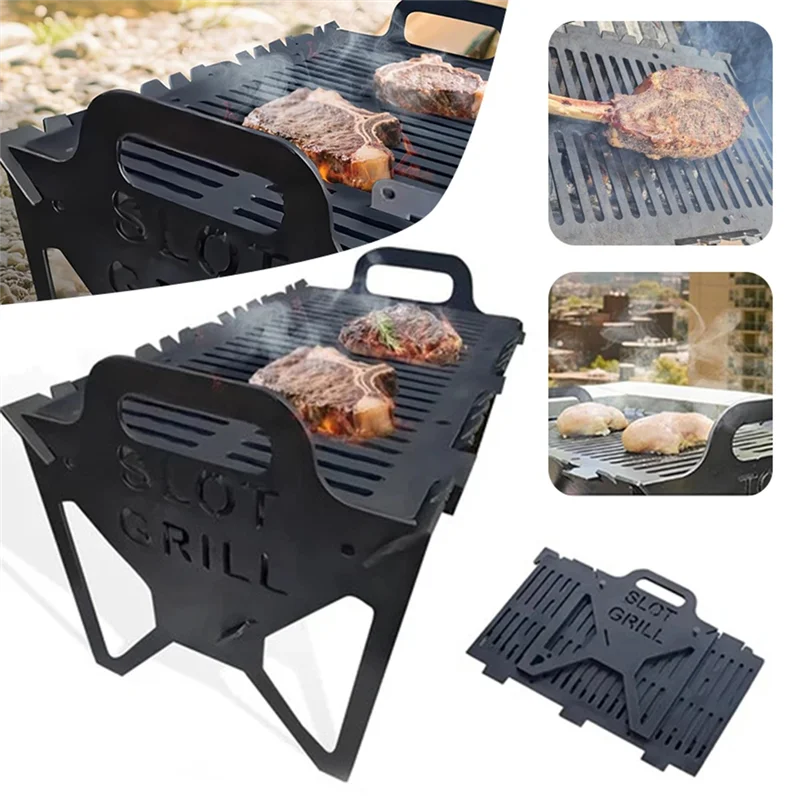 B08B-Slot Grills Foldable BBQ Grills Outdoor Small Folding Metal Grills Thickened Quick Assembly For Camping Picnic
