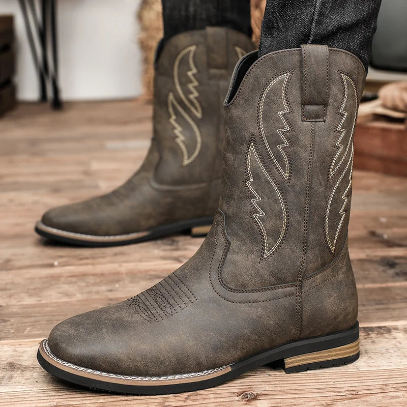 Western Style Cowboy Chelsea Boots Vintage Mid-calf Boots Pointed Toes Classical Shoes Genuine Leather Worker Winter Booties