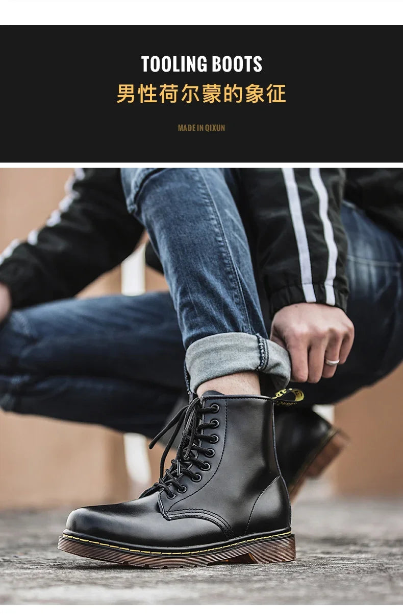 New Couple Boots Genuine Leather Motorcycle Shoes Breathable Waterproof Anti-Slip Warm Cotton Men's Women's Fashion Ankle Boots