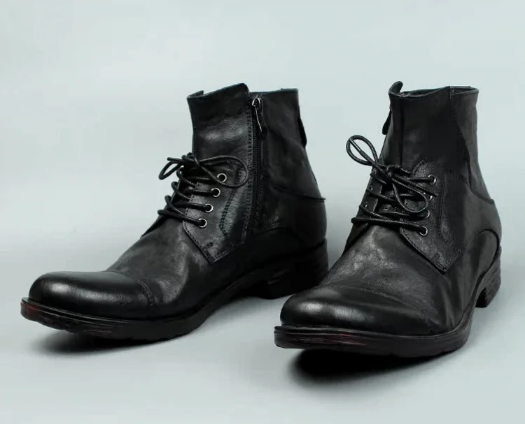 Vintage Mens Cowhide Genuine Leather Riding Ankle Boots Lace Up High Top Work Shoes Vintage Round Toe Autumn Moto Biker Boots