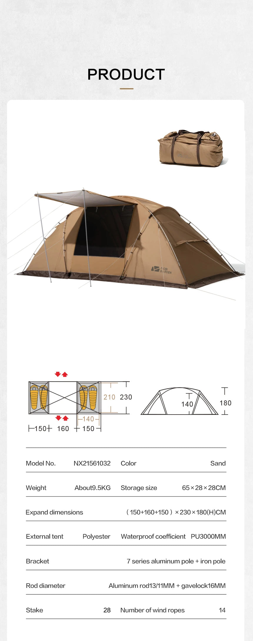 MOBI GARDEN Camping Tunnel Tent Outdoor Living Tent Windproof Rainproof Portable