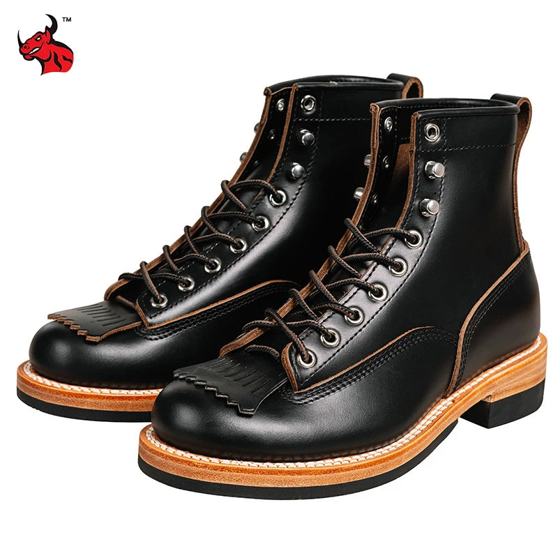 Men's Vintage Motorcycle Boots Cowhide Leather High Top Motorbike Boots Motocross Riding Boots Walking Shoes Thick Soled 38-44