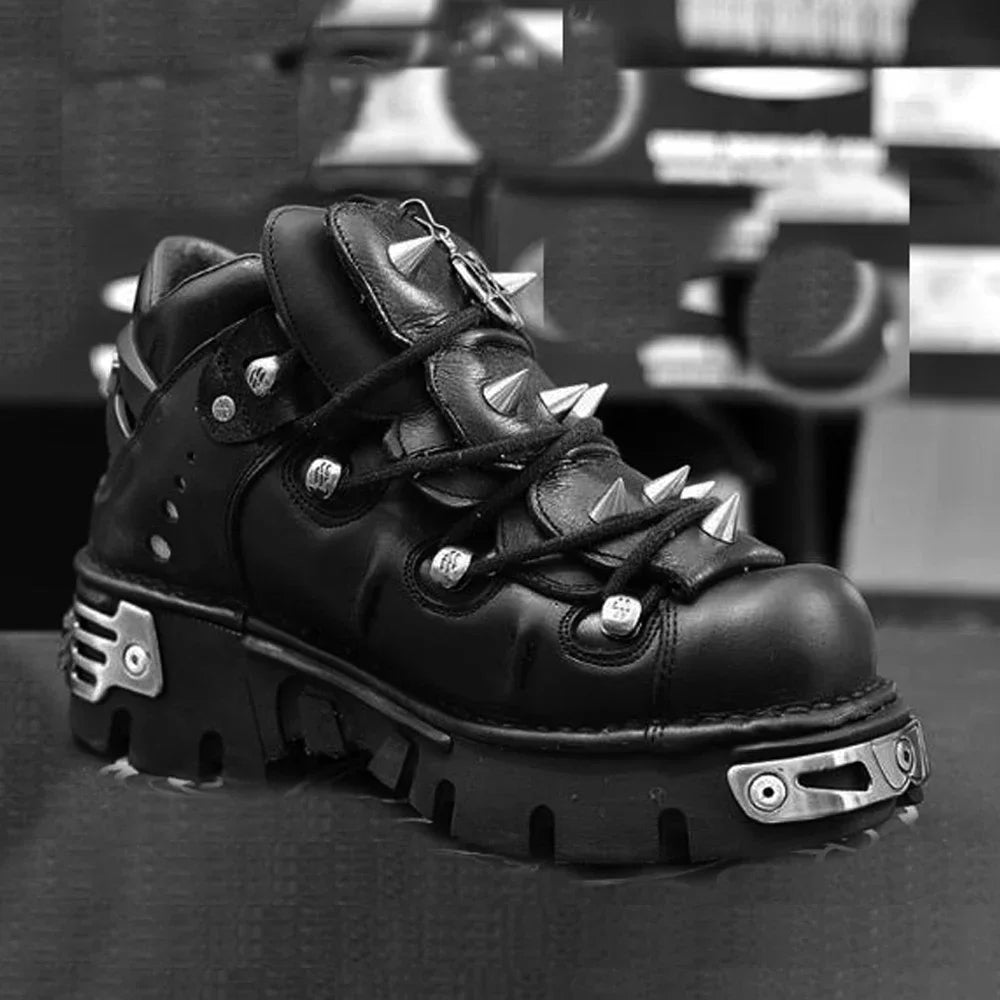 Fashion Men's Genuine Leather Motorcycle Boots,Retro Goth Punk Metal rivet Rock Skull Ankle Boots,Women Platform Work Shoes 48