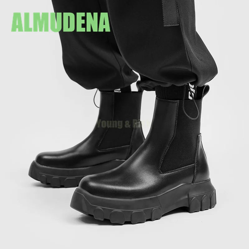 Thick Soled Chelsea Boots Men's Trendy High Top Boots Retro Handsome Motorcycle Boots Versatile Ankle Boots and Short Boots