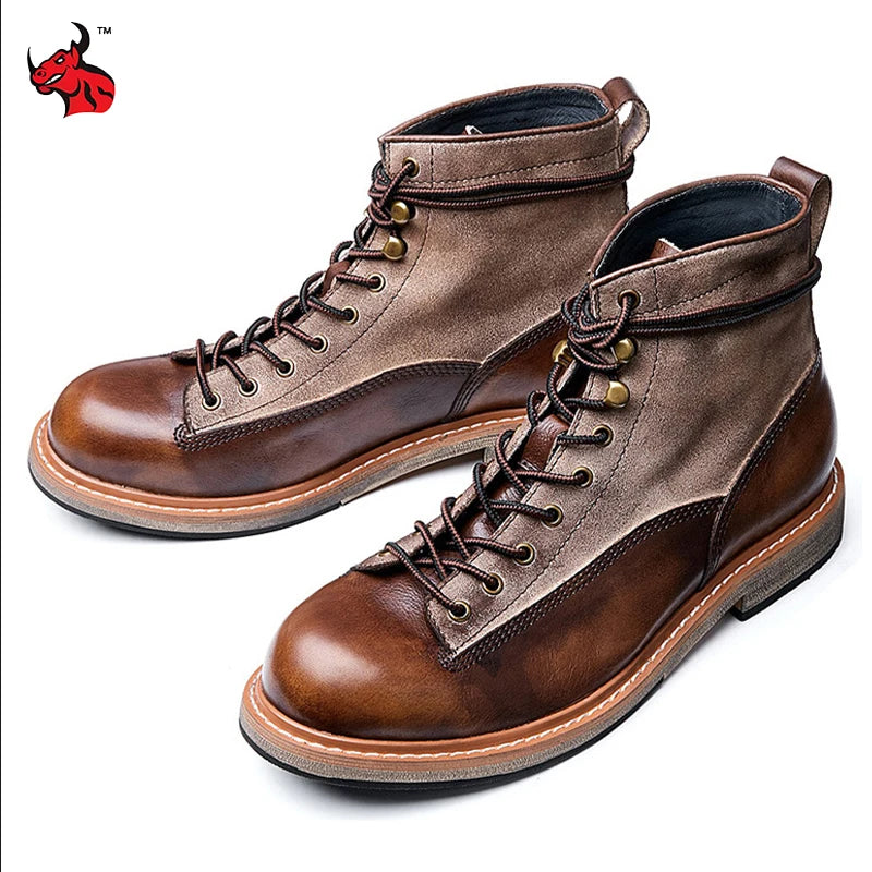 Retro Leather Men Motorcycle Boots High Top Motorbike Riding Boots Fashion Comfortable Ankle Boots Trekking Outdoor Shoes Brown