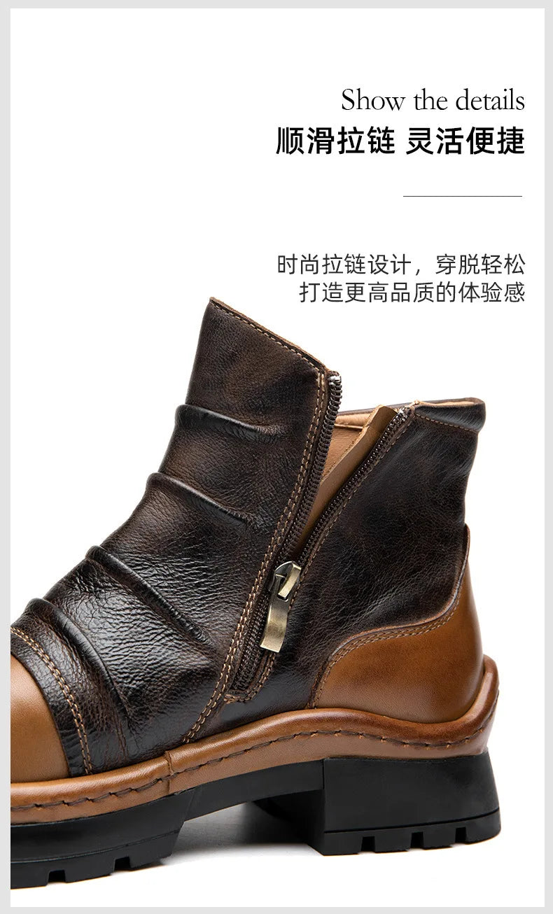 Brown Leather Motorcycle Boots Mens Round Head High Top Motorbike Boots Quality Moto Riding Shoes Thick Soled Summer Winter