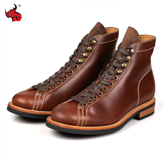 Cowhide High Top Motorcycle Boots Vintage Men Moto Ankle Boots Motocross Thick Soled Riding Boots Walking Shoes Moto Equipment