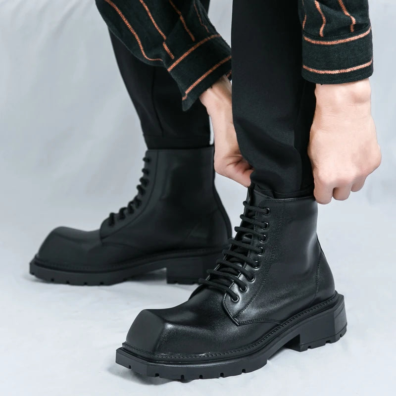 Large Men's Autumn High Top Casual British Motorcycle Shoes, Retro Trendy Brand Height Increasing Big Head Leather Boots