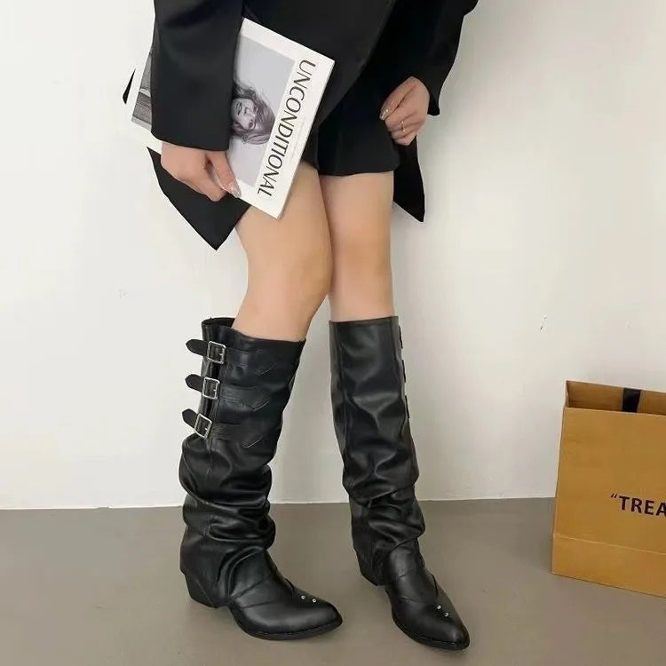 High Quality Wasteland Punk Y2k Gothic Style Vintage Motorcycles Western Boots for Women Black Rivets Knee High Boot Shoes