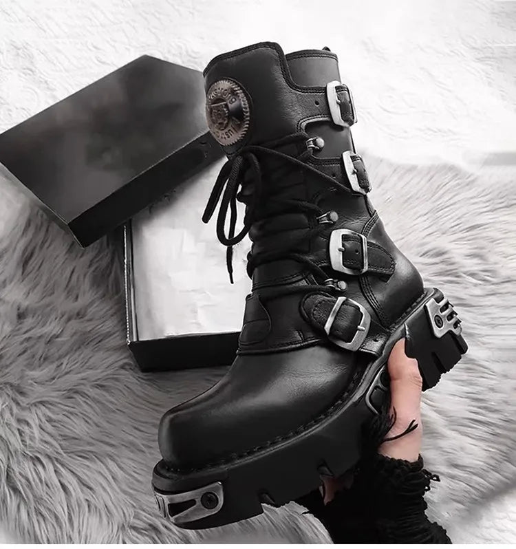 Unisex Genuine Leather Motorcycle Boots Skull Gothic Punk Cowboy Boots Women Men Metal Decoration Platform Combat Mid-calf Boots