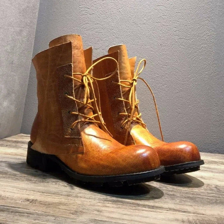 Handmade Vintage Round Toe Mens High Top Work Safety Shoes Cowhide Genuine Leather Ankle Boots Lace Up Motorcycle Riding Boots