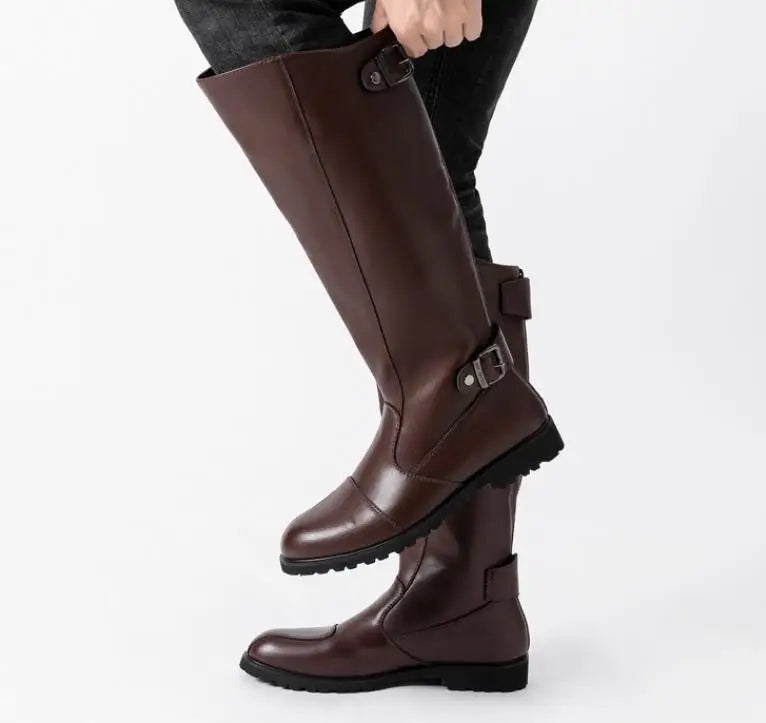 New Arrival Black Long Knee Boots Men Round Toe Buckle High Top Casual PU leather Shoes Man Motorcycle Boots Size 37-46