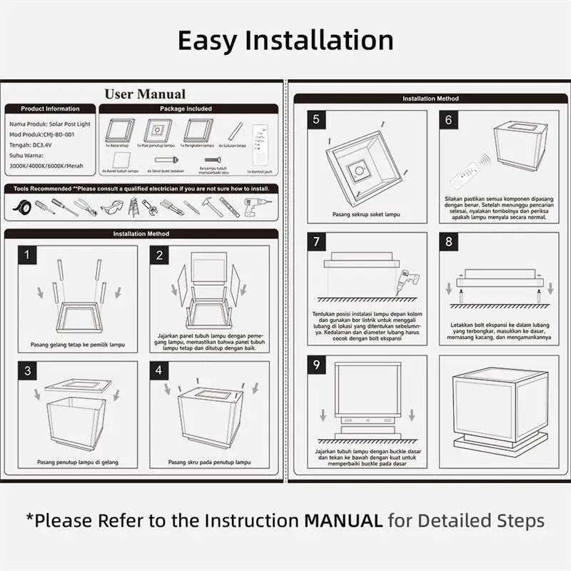 Timed LED Solar Outdoor Light Pillar Solar Lights Waterproof Thick Garden Pathway Parking Yard Outdoor Decor Lamp RC Solar Light