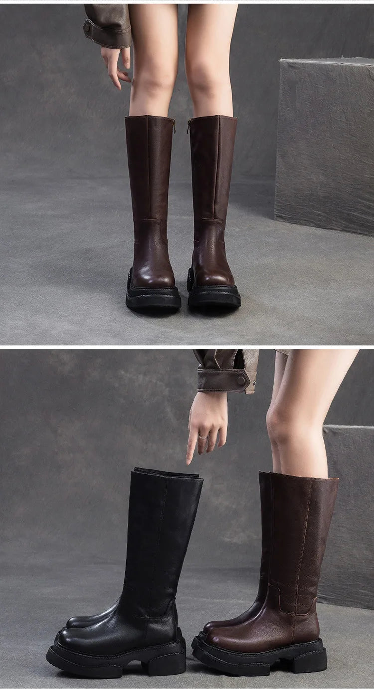 6.5cm Cow Genuine Leather Women Ankle Knee Motorcycle Booties Boots Chunky Heels Platform Wedge Shoes Chimney High ZIP Spring