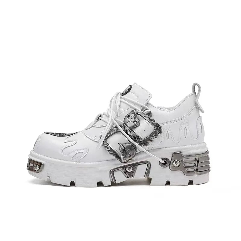 New Men's Gothic Skull Boots Black Women Shoes Designer Punk Metal Platform Walking Sneakers Skeleton Metal Buckles Ankle Boots