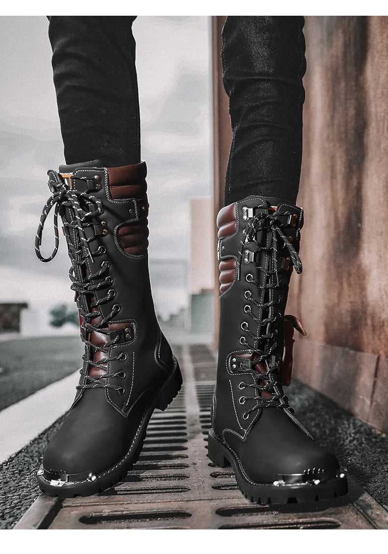 Men Motorcycle Boots Fashion Mid-Calf Punk Rock Punk PU Leather Black High Top Mens Casual Boot Steel Toe Shoes Big Size 38-46