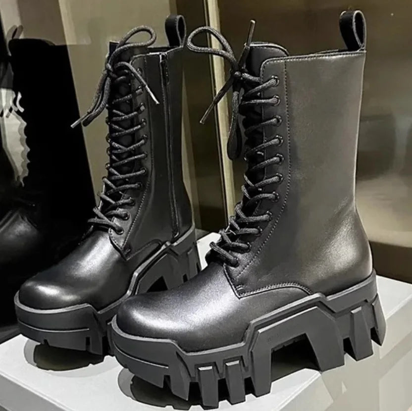 2025 new fashion platform women's retro punk tooling couple dark rock locomotive boots trendy shoes