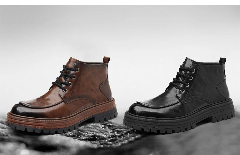 Outdoor Men High Top Leather Shoes Classic Black Leather Boots Motorcycle Breathable Riding Mid-calf Ankle Boots Warm Work Shoes