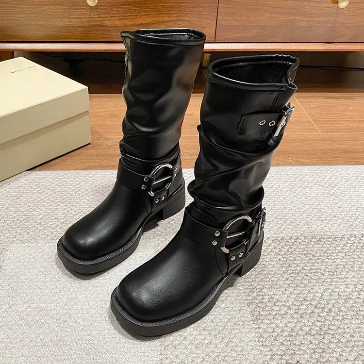 Fashion Buckle Motorcycle Boots Women Round Toe Med Heels Ankle Boots Woman 2024 Pu Leather Square Heel Autumn Platform Shoes