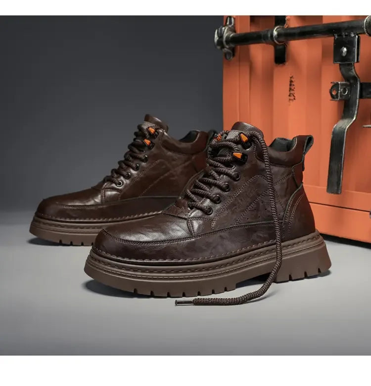 COZOK Men's Shoes Genuine Leather High Top Shoes Male Comfortable Sneakers Motorcycle Boots Male Lace-Up Winter Plush Snow Boots