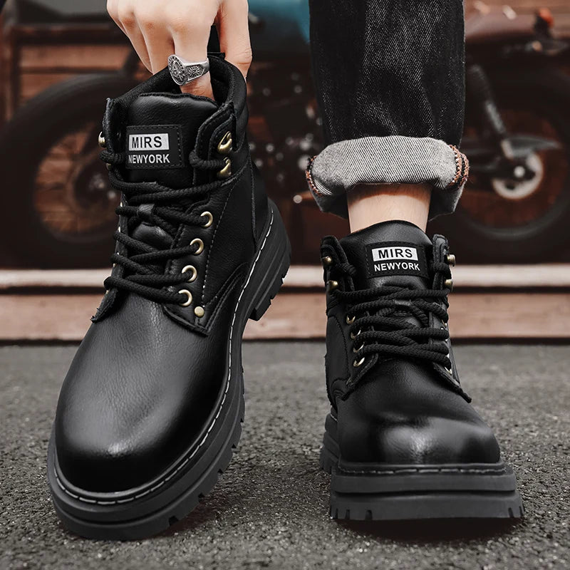 Autumn Winter Motorcycle Boots Handmade Vintage Mens Walking Shoes Casual Leather Ankle Boots Round Toe Lace-up Outdoor Footwear