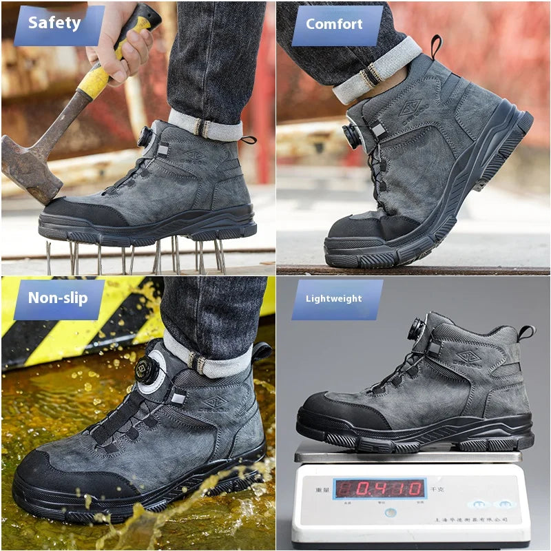 Rotating Buttons Work Boots Men Steel Toe Shoes Safety Boots Puncture-Proof Protective Shoes Waterproof Indestructible Shoes New