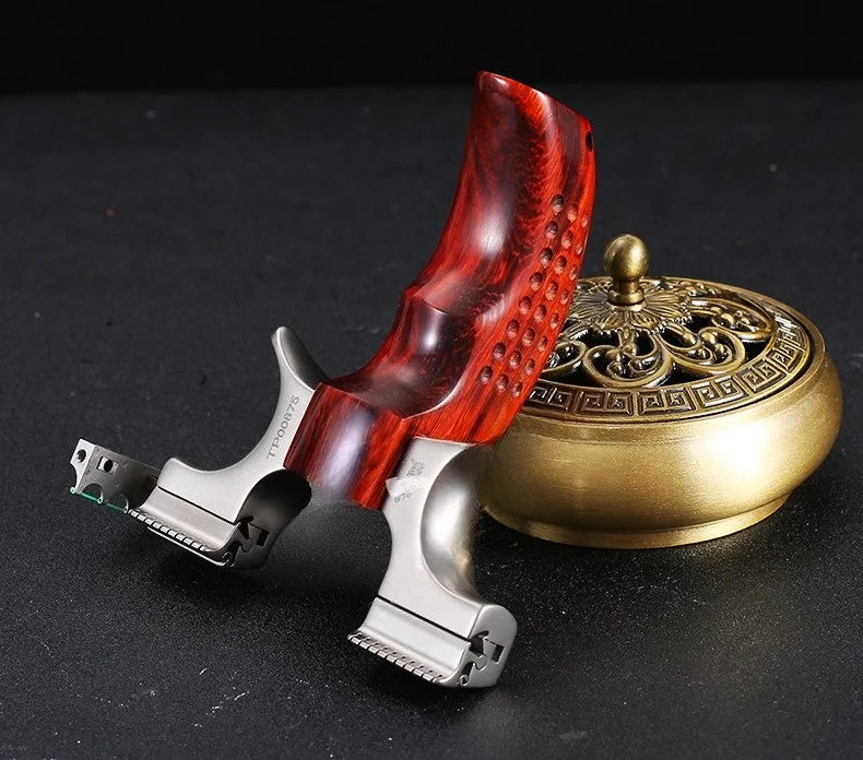 Powerful Stainless Steel Slingshot with Flat Rubber Band Outdoor Hunting and Shooting Combat Catapult with Wooden Handle