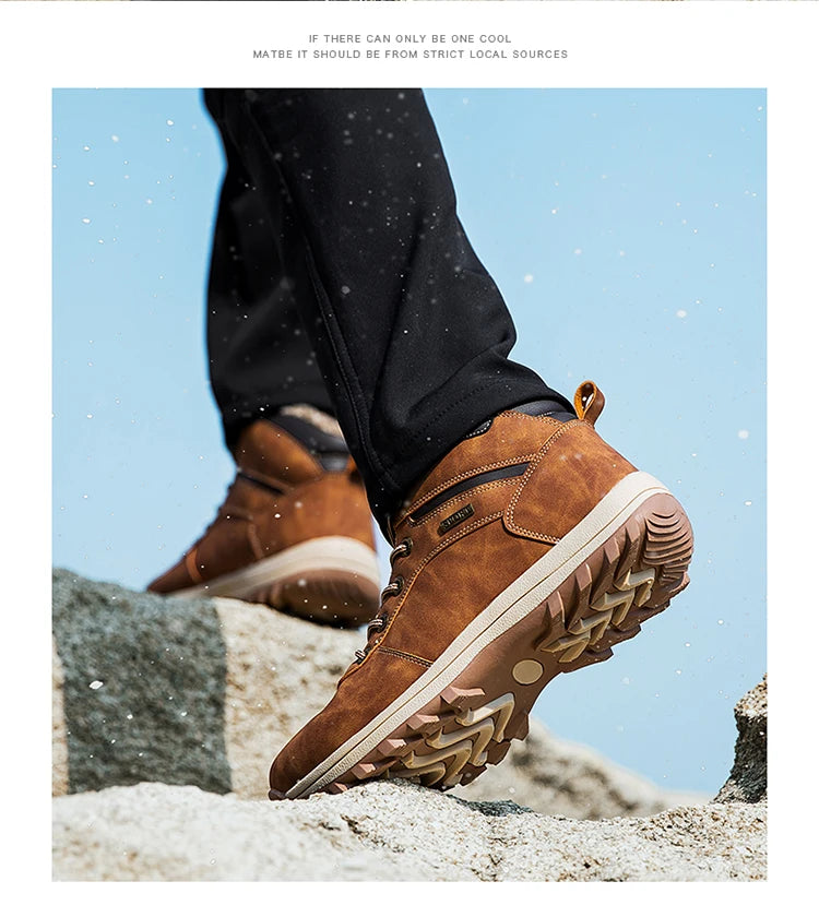 Winter Men Boots Waterproof Leather Plush Super Warm Snow Boots Men Sneakers Outdoor Hiking Boots Men Ankle Boots Big Size 38-48