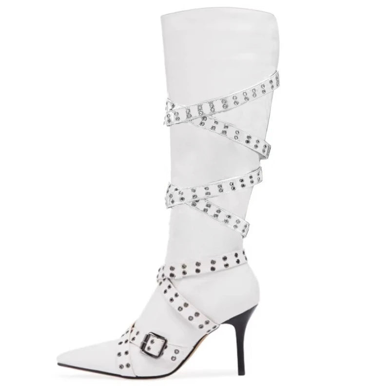 Brand Cross Strap Riveted Retro Silvery Knee High Boots New Spicy Girl Pointed High Heel Motorcycle Boots Fashion Women Shoes