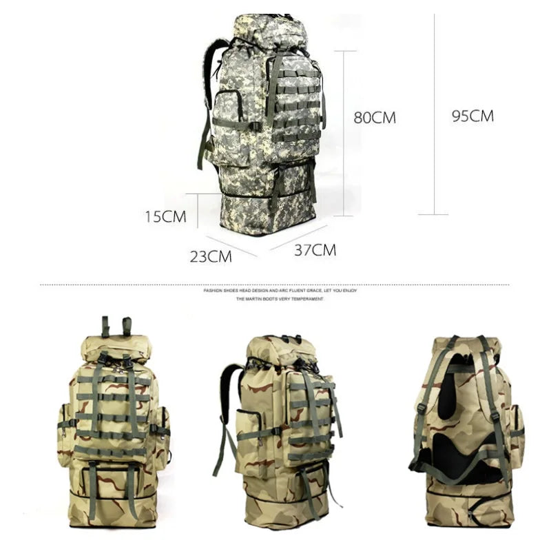 70-100L Outdoor Camping Travel Sports Backpack Military Camo Tactical Bag Large Capacity Waterproof Hiking Mountain Climbing Bag