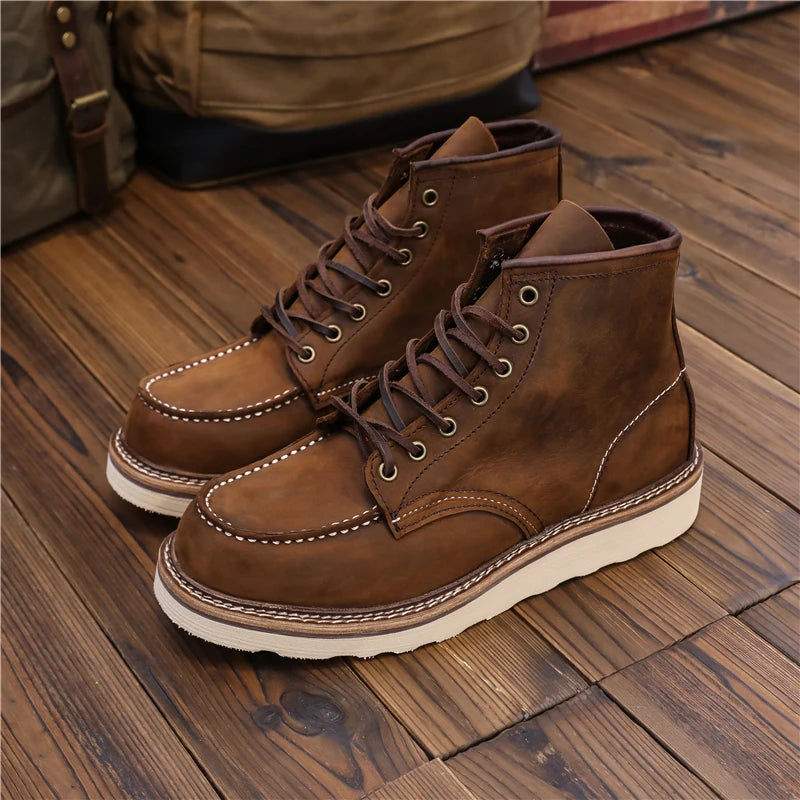 1907 Vintage Unisex Men Shoes Ankle Boots Handmade Autumn Winter Cow Leather Shoes Wings Round Toe Tooling Motorcycle Boots