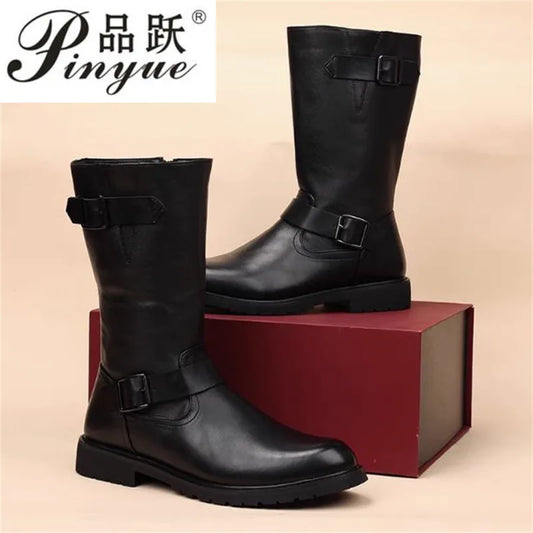 Men Fashion Leather Motorcycle Boots Mid-calf Warm Boots Black Gothic Belt Rivet Punk Rock Boots Tactical Boots 37-45