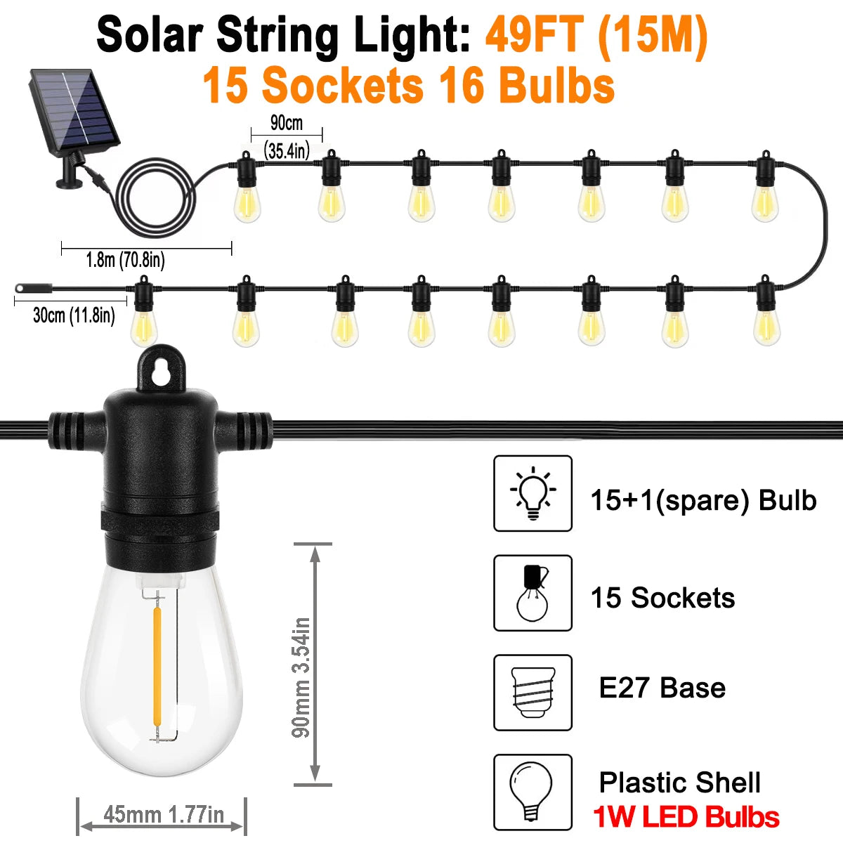 Waterproof Solar Outdoor Lights Garland E27 Shatterproof Socket Solar Light for Outdoor Decorative Solar Garden Lights Fairy