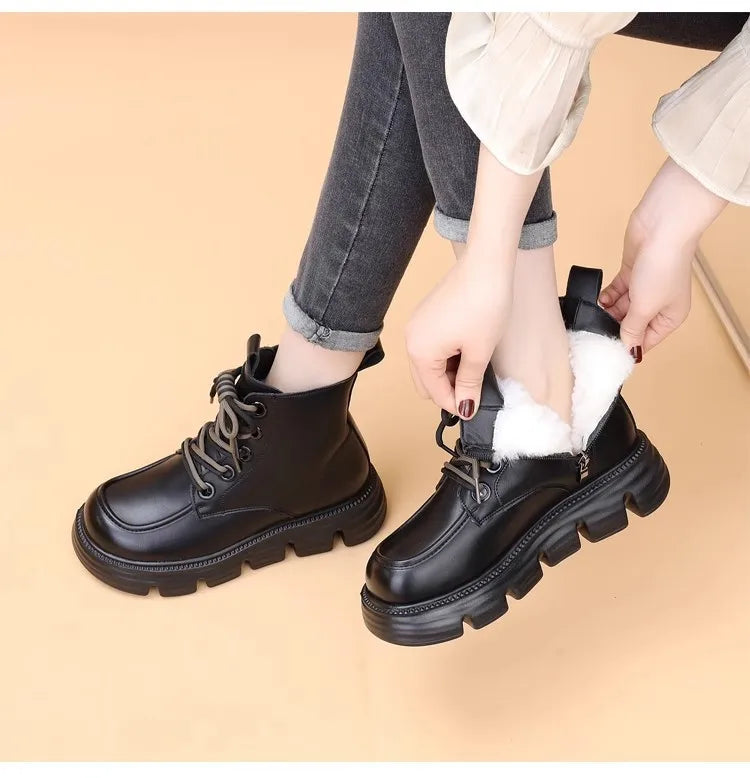 Women's Boots Winter New Fur Snow Boots Platform Plush Comfortable Anti Slip Warm Lace Up Cold Proof Cotton Ankle Boots Women