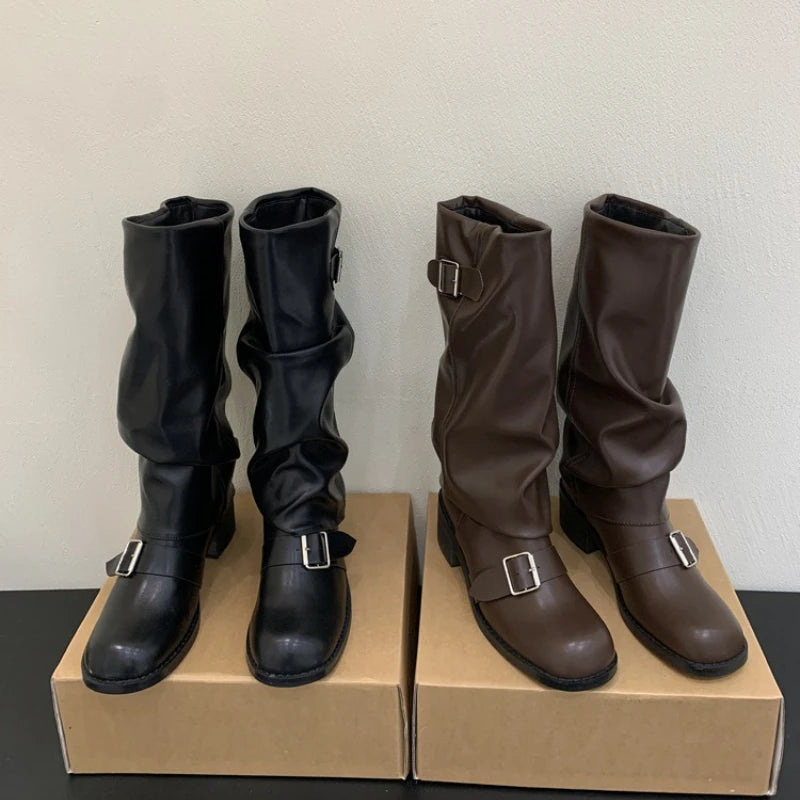 Woman Boots Knee High Platform Heels Trend Punk Gothic New Rock Leather Fashion Women Shoes Motorcycle Footwear Zapatos De Mujer