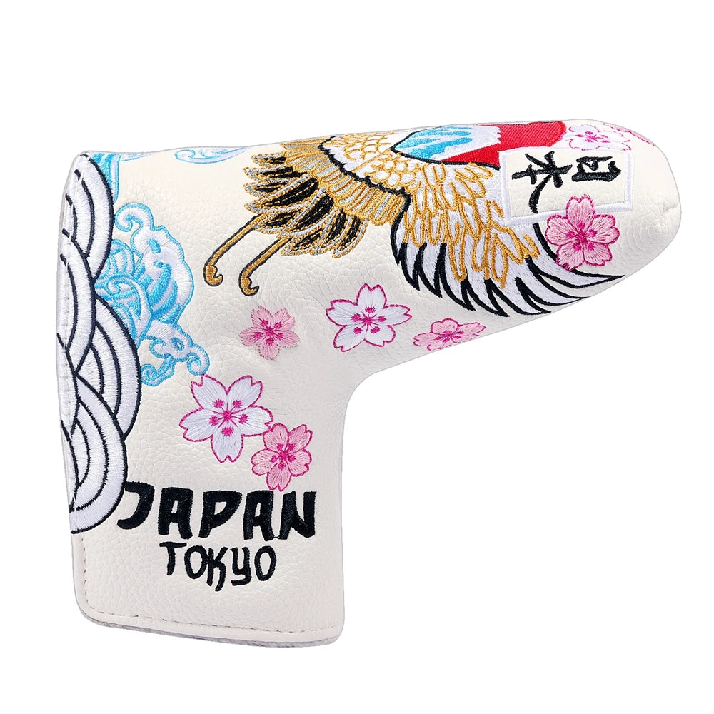 PU Leather Crane Japan Embroidery Magnetic Closure Golf Blade Putter Cover Golf Mid Mallet Putter Headcover