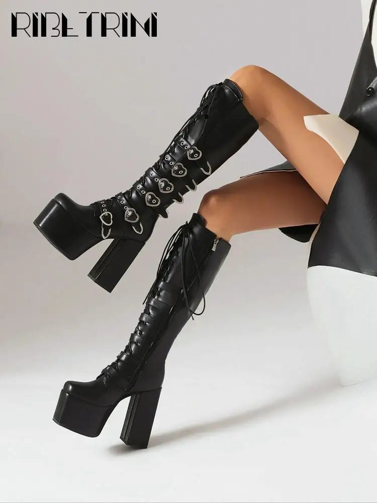 Cool Women Motorcycle Boots High Heeled Knee High Sassy Platform Shoes Lace Up Zip Luxury Designer Brand Winter Street Booties
