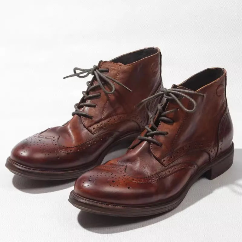 Casual Handmade Vintage Cowhide Genuine Leather Short Boots Men Carving Design High Top Cargo Shoes Men Lace Up Motorcycle Boots