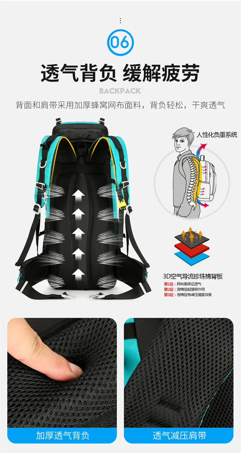 60L Large-Capacity Outdoor Mountaineering Backpack,Anti Splashing Water Wear-Resistant Camping Hiking And Cross-Country Backpack