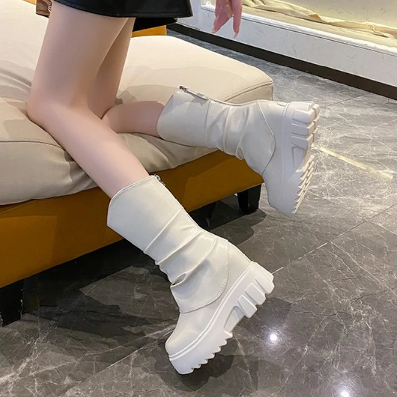 9CM Women Mid Calf Boots Autumn Winte Soft Leather Motorcycle Boots High Platform Square Heels Ladies Chunky Shoes Botas Mujer