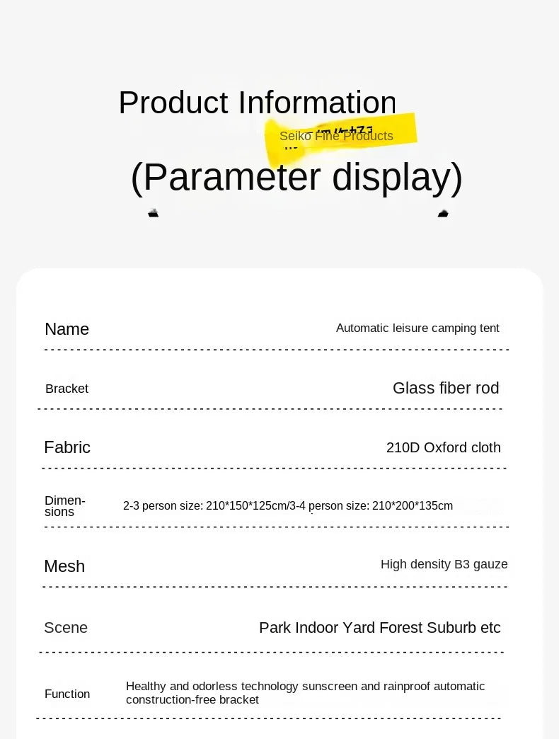 2 3 4 Person Outdoor Camping Family Automatic Waterproof Quick Opening Tent Mosquito Proof Party Portable Beach Hiking Cycling