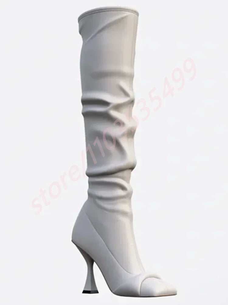 Square Toe Ladies Sexy Knee-High Leather Boots High Heel Pleated Boots Party Zipper Boots 2025 New Street Fashion Catwalk Boots