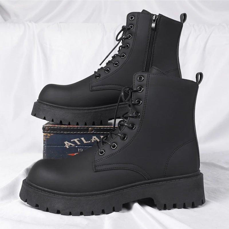 Black Leather Boots for Men High Top Platform Lace Up Light Fashion Motorcycle Boots British Style Men's Waterproof Casual Boots