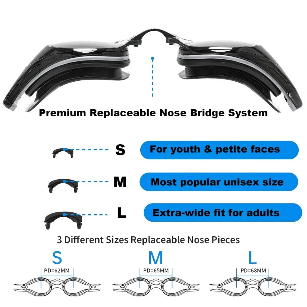 Custom Myopia Prescription Swim Goggles for Adult Kids, Anti-Fog,Left/Right Different  Power (-6.0 to Plano),  Adjustable Strap