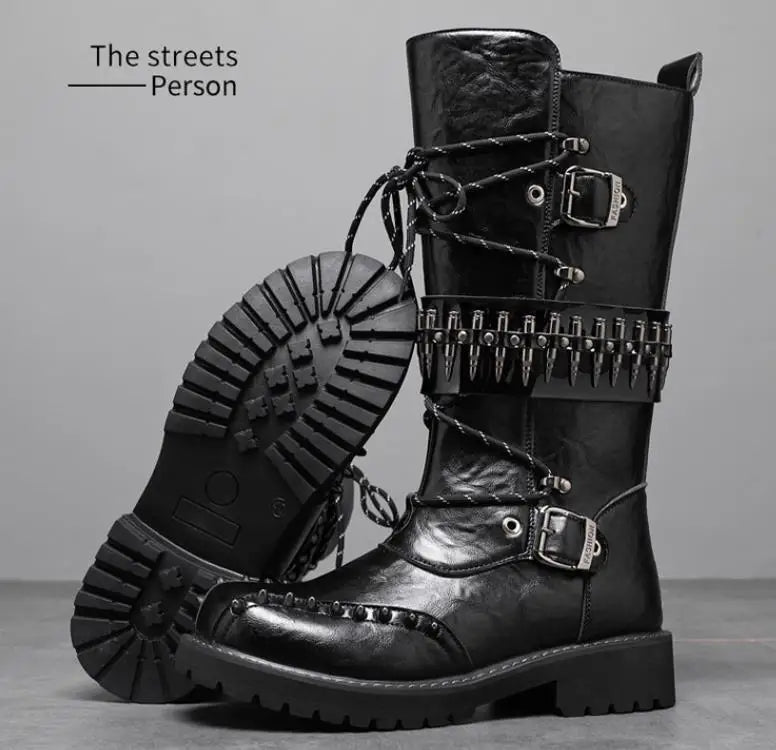 Round Toe Metal Decorations Belt Buckle men Boots Thick Sole Flats Black Zipper Fashion Punk Gothic  Equestrian Motocycle Boots
