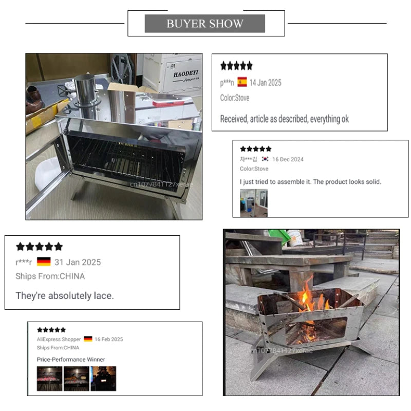 Outdoor tent camping, heat-resistant glass observation stove, portable foldable stainless steel winter heating wood stove