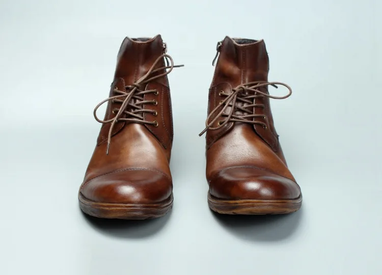 Vintage Mens Cowhide Genuine Leather Riding Ankle Boots Lace Up High Top Work Shoes Vintage Round Toe Autumn Moto Biker Boots